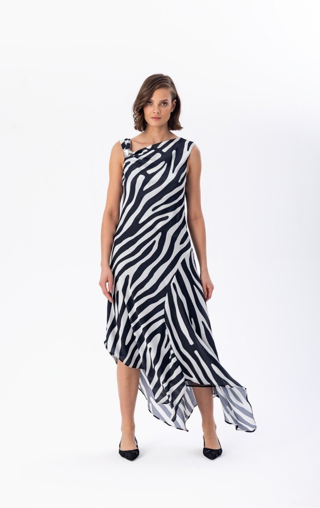 Desenli Asimetrik Elbise Siyah