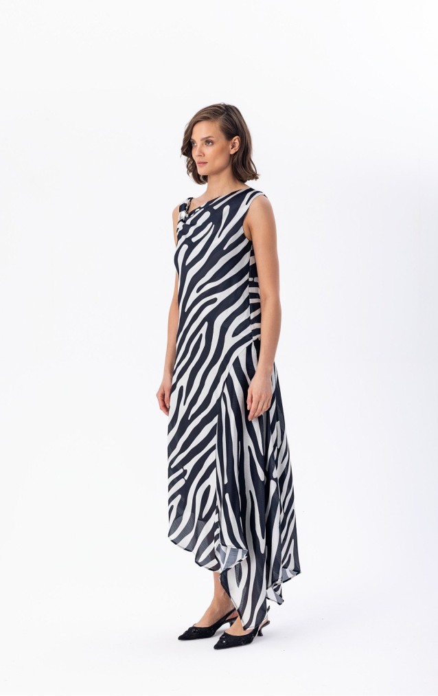 Desenli Asimetrik Elbise Siyah