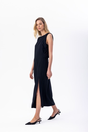 Arkası Kruvaze Midi Elbise Siyah